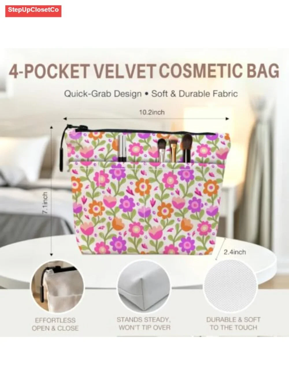 Vintage Floral Makeup Bag with External Pockets, Portable Travel Toiletry